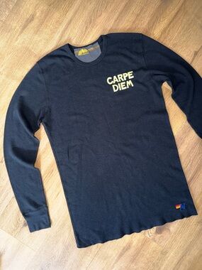 Aviator Nation Black Long Sleeve Tee with Yellow 'Carpe Diem' Text